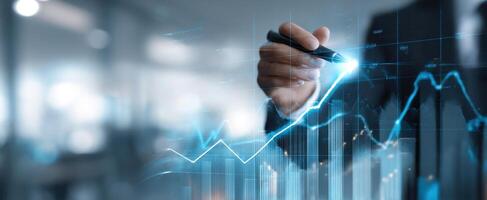 The finance professional analyzing data trends with a digital graph. photo