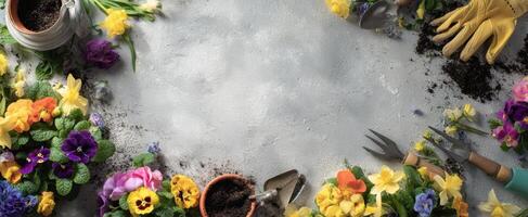 The vibrant flower arrangement and gardening tools on a delightful workspace. photo