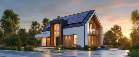 The modern house featuring solar panels against a vibrant sunset backdrop. photo