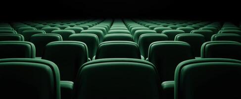 The serene rows of green movie theater seats awaiting audience enjoyment. photo