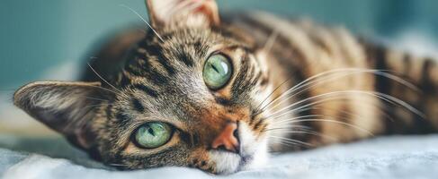 The adorable tabby cat relaxing with captivating green eyes in a cozy setting. photo