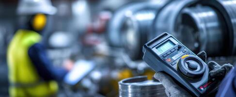 The technician using a multimeter for precision measurements in an industrial environment. photo