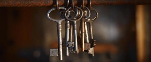 The vintage keys hanging on a rustic metal hook with a warm background photo