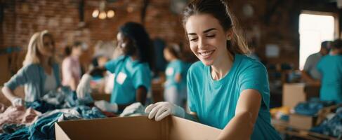 The smiling volunteer sorting clothes in a community donation center. photo