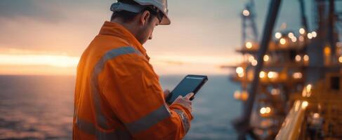 The worker using a tablet on an offshore oil platform during sunset. photo