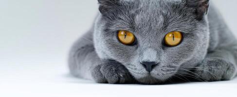 The mesmerizing presence of a relaxed grey cat with striking orange eyes. photo