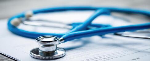 The stethoscope resting on medical paperwork with a blue tube background. photo