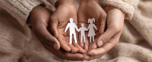 The Hands Holding a Paper Family Symbolizing Love and Togetherness. photo