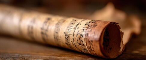 The vintage scroll featuring intricate music notation on aged paper. photo