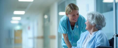 The compassionate nurse engaging with an elderly patient in a hospital setting. photo