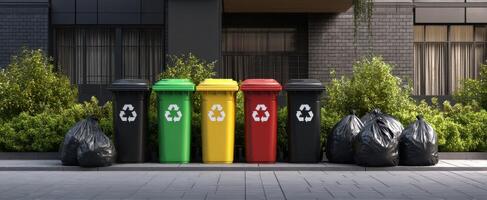 The colorful recycling bins arranged neatly on a city sidewalk. photo