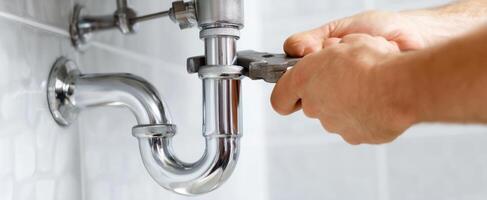 The plumber repairing a sink pipe with a wrench in a modern bathroom. photo