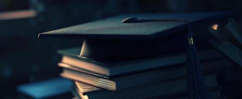 The graduation cap resting atop a stack of books in a serene setting photo