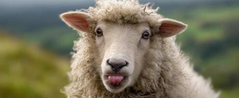 The playful sheep sticking its tongue out in the serene countryside landscape. photo