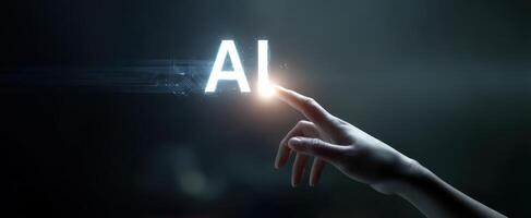 The hand reaching out to touch the glowing AI concept in a digital realm photo