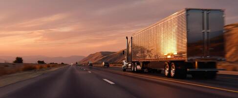 The truck driving along a scenic highway during a vibrant sunset. photo