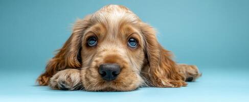 The adorable puppy resting on a blue background with soulful eyes. photo