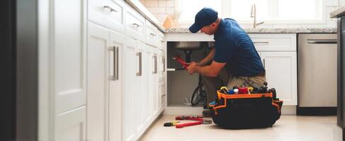 The plumber fixing a sink under the kitchen cabinets with tools. photo