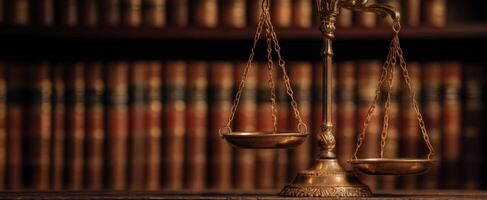 The scales of justice symbolizing law and fairness in a legal library setting. photo
