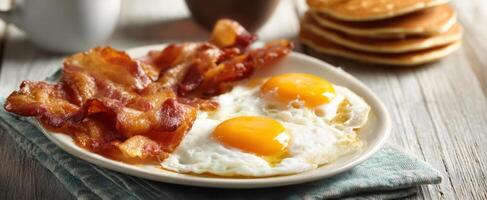 The delicious breakfast spread featuring fried eggs, crispy bacon, and pancakes. photo