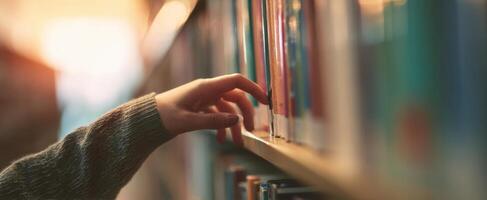 The hand reaching for a book in a cozy library setting. photo