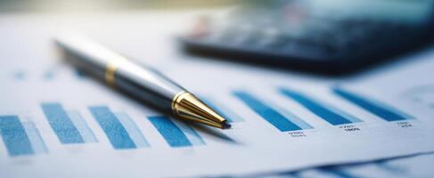 The pen rests on financial reports highlighting analysis and statistics. photo