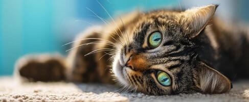 The playful cat with mesmerizing green eyes lounging in sunlight. photo