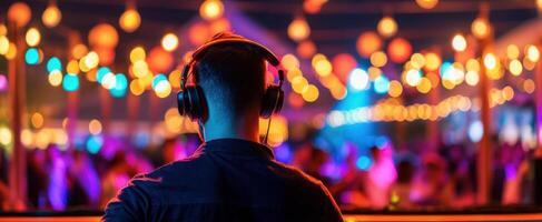 The DJ creates an electrifying atmosphere at a vibrant nightlife event. photo