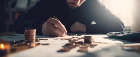 The meticulous accountant organizing coins and making financial calculations. photo