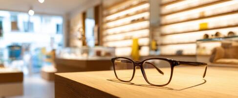 The elegant glasses displayed prominently in a modern eyewear shop. photo