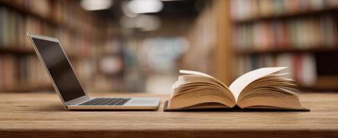 The laptop and the open book on a wooden table in a library setting. photo