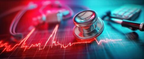 The stethoscope and heartbeat line on a medical background. photo