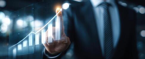 The businessman analyzing financial growth through innovative digital graphs. photo