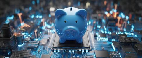 The Blue Piggy Bank on a Circuit Board Representing Digital Finance Innovation photo