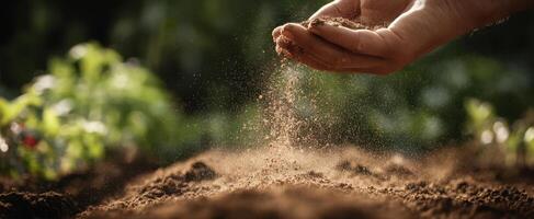 The hand sprinkling rich soil over freshly prepared garden beds. photo