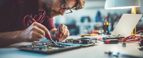 The skilled technician repairing electronic circuits with precision and focus. photo