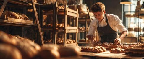 The artisan baker meticulously preparing fresh bread in a cozy bakery photo