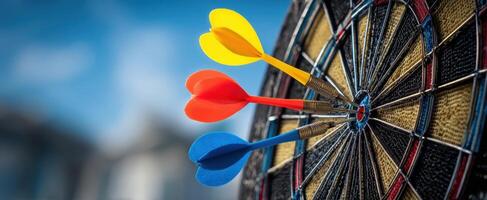 The colorful darts striking perfectly on a dartboard in bright outdoor setting photo