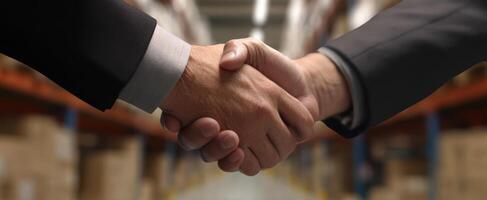 The partnership formed through a successful business handshake in a warehouse setting. photo