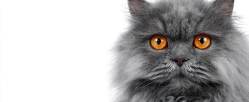 The stunning gray cat with captivating orange eyes against a white background. photo