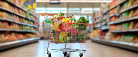 The vibrant grocery cart filled with fresh produce in a supermarket aisle. photo