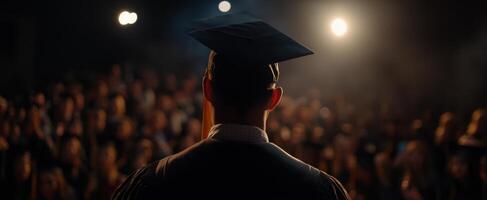 The graduate stands proudly before a captivated audience during the commencement ceremony. photo