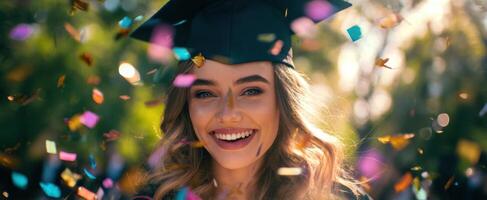 The graduate smiles brightly surrounded by colorful confetti and joyful celebration. photo