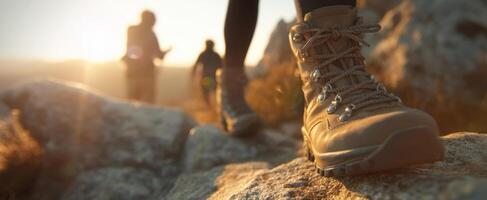 The hiking boots navigating rocky terrain at sunset with fellow adventurers. photo