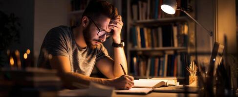 The focused young man studying late at night in a cozy workspace. photo