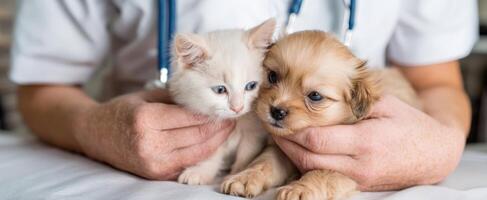 The adorable interaction between a kitten and puppy at a veterinarian's office. photo