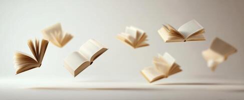 The mesmerizing flight of open books in a creative display of knowledge. photo