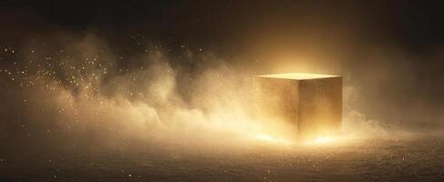 The glowing cube surrounded by mist and sparkling light in an ethereal setting. photo