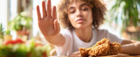 The woman refusing to eat fried chicken in a cozy indoor setting. photo
