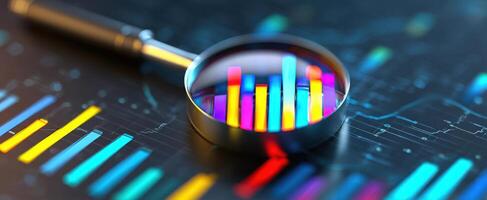 The magnifying glass focusing on colorful data visualizations and business analytics photo